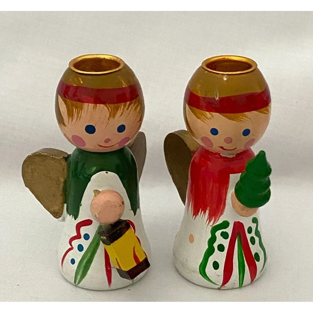Vintage Painted Wooden Christmas Ornaments ~Rocking Horse Angel Santa Sleigh
